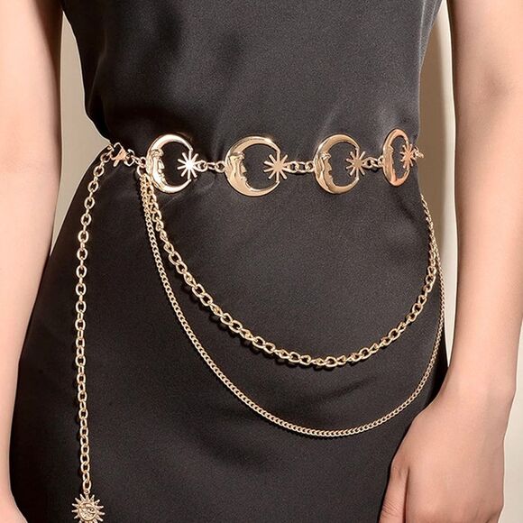 XMAS SALE Vintage Gold Celestial Star and Moon Layered Chain Belt - Picture 3 of 5